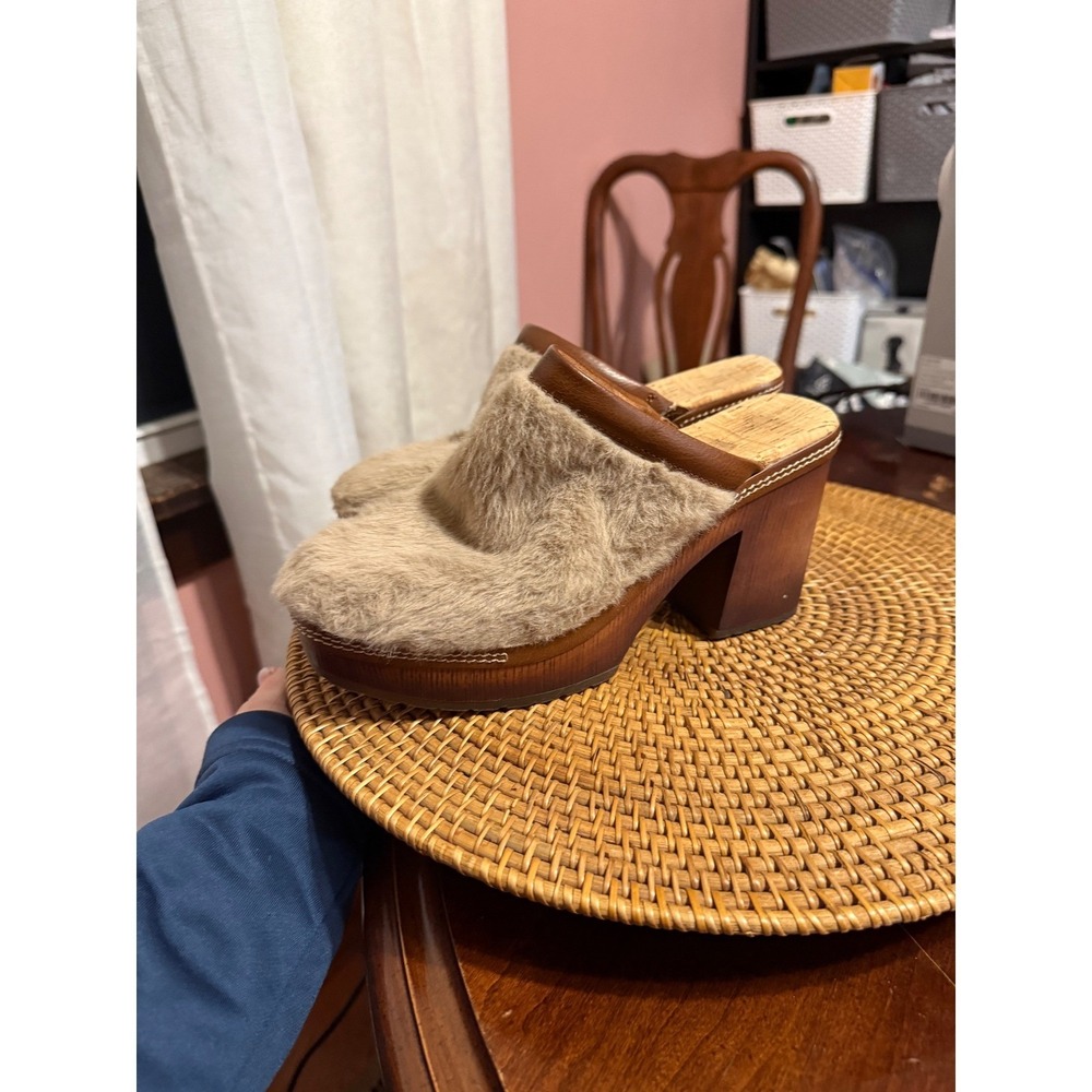 Korks Women Brown Faux Fur Platform Clogs Chunky Wood Heel Mules Size 7M